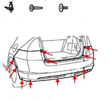 Diagrama de montaje del parachoques trasero Honda Insight (después de 2009)