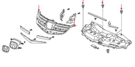 the scheme of fastening of the grille of the Honda Legend (2004-2013)