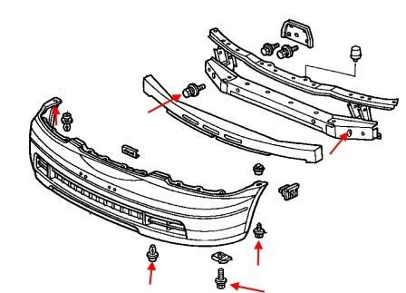 Schéma de montage du pare-chocs avant Honda Odyssey RA1, RA2, RA3, RA4, RA5 (1994-1999)