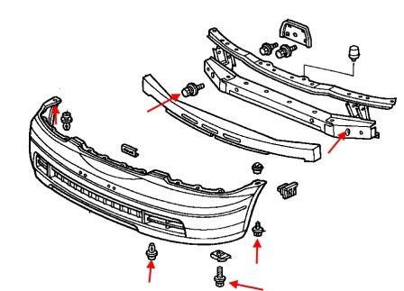 схема крепления переднего бампера Honda Odyssey RA1, RA2, RA3, RA4, RA5 (1994-1999)