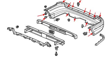 Montageschema für die hintere Stoßstange Honda Odyssey RA1, RA2, RA3, RA4, RA5 (1994-1999)