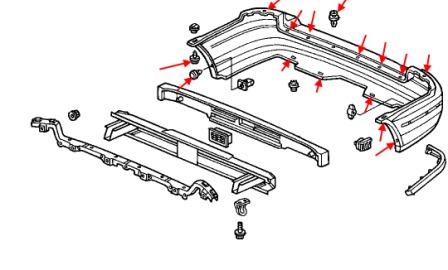 Esquema de montaje del parachoques trasero Honda Odyssey RA1, RA2, RA3, RA4, RA5 (1994-1999)