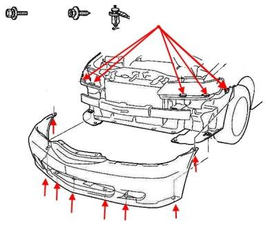 the scheme of fastening of a forward bumper for Honda Odyssey RA6, RA7, RA8, RA9 (1999-2004)