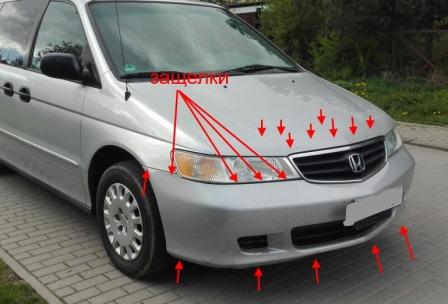 the attachment of the front bumper Honda Odyssey RA6, RA7, RA8, RA9 (1999-2004)
