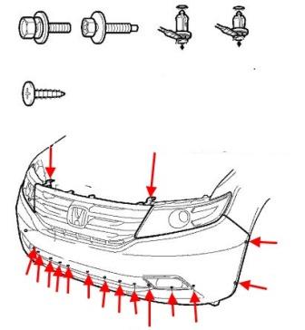 scheme of fastening of front bumper Honda Odyssey RB3, RB4 (2008-2013)