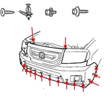 the scheme of fastening of a forward bumper for Honda Pilot (2009-2015)