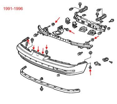 Diagrama de montaje del parachoques delantero Honda Prelude