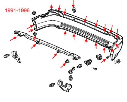 Diagrama de montaje del parachoques trasero Honda Prelude