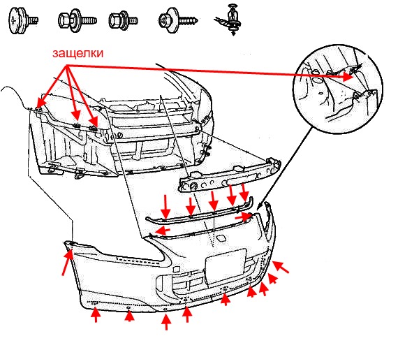 схема крепления переднего бампера Honda S2000