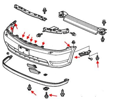Diagrama de montaje del parachoques delantero Honda Stream