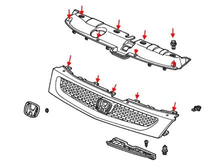 scheme of fastening of the radiator grille Honda Stream