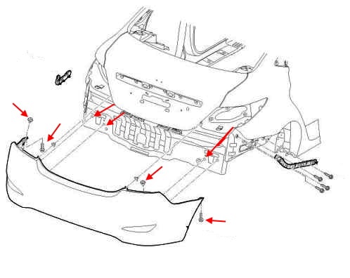 Esquema de montaje del parachoques trasero Hyundai Accent RB (2011-2017)