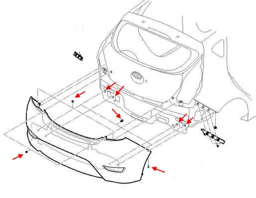 Esquema de montaje del parachoques trasero Hyundai Accent RB (2011-2017)