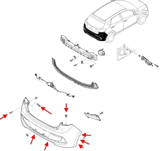 Diagrama de montaje del parachoques trasero Hyundai Accent / Solaris (2017+)