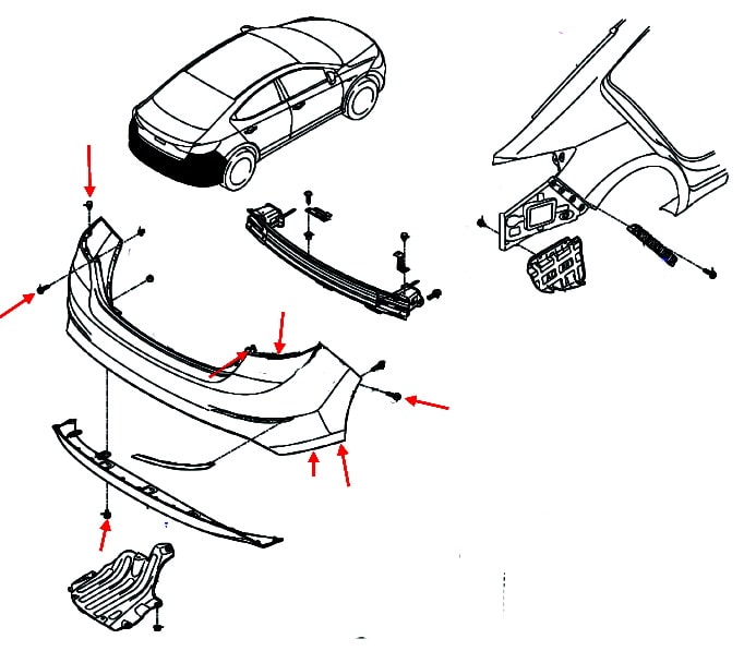 Diagrama de montaje del parachoques trasero Hyundai Elantra (2015-2020)