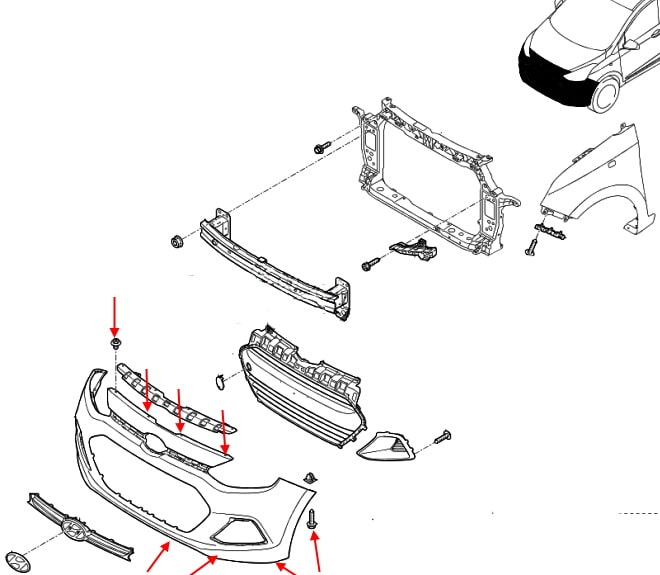 Diagrama de montaje del parachoques delantero Hyundai i10 (2014+)
