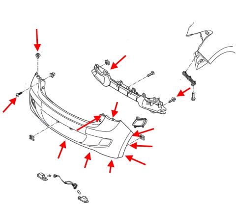 Схема крепления заднего бампера Hyundai i10 (2014+)