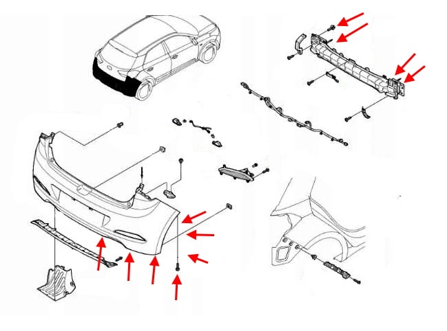 Esquema de montaje del parachoques trasero Hyundai i20 (2014+)