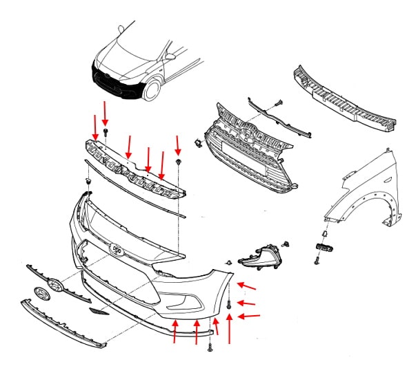 Diagrama de montaje del parachoques delantero Hyundai i20 (2014+)