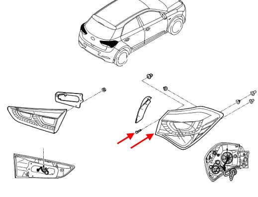 Diagrama de fijación de la luz trasera del Hyundai i20 (2014+)