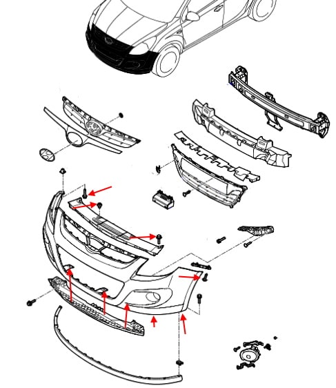 Schéma de montage du pare-chocs avant Hyundai i20 (2008-2014)