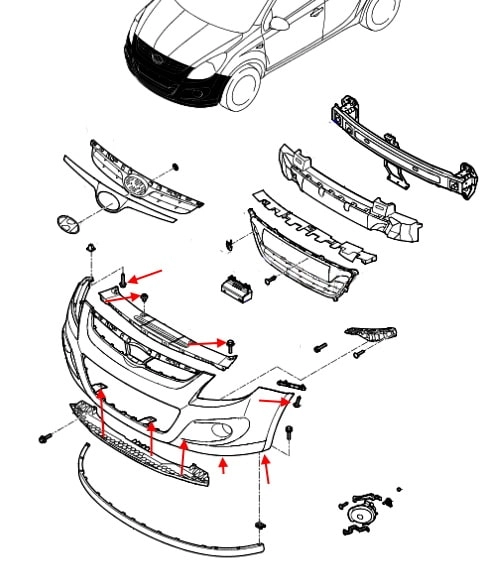 Diagrama de montaje del parachoques delantero Hyundai i20 (2008-2014)