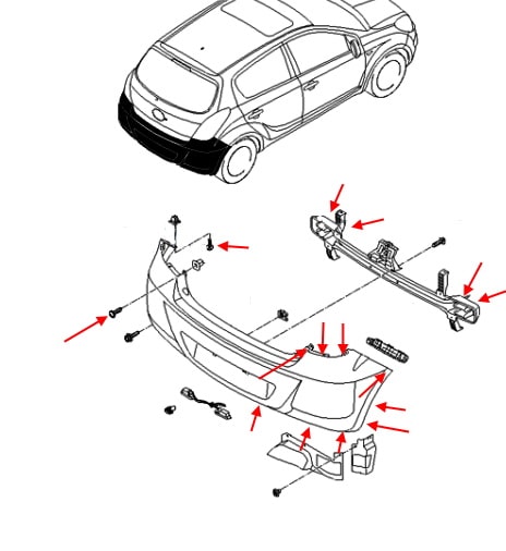 Schéma de montage du pare-chocs arrière Hyundai i20 (2008-2014)
