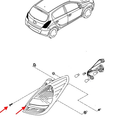 Схема крепления заднего фонаря Hyundai i20 (2008-2014)