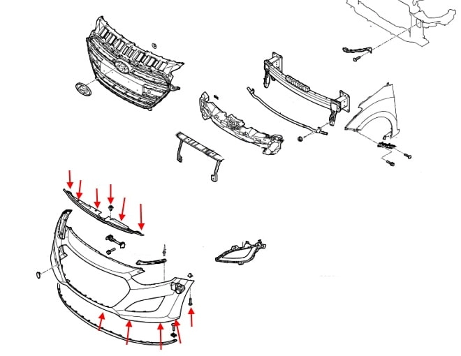 Schéma de montage du pare-chocs avant Hyundai i30 (2011-2017)