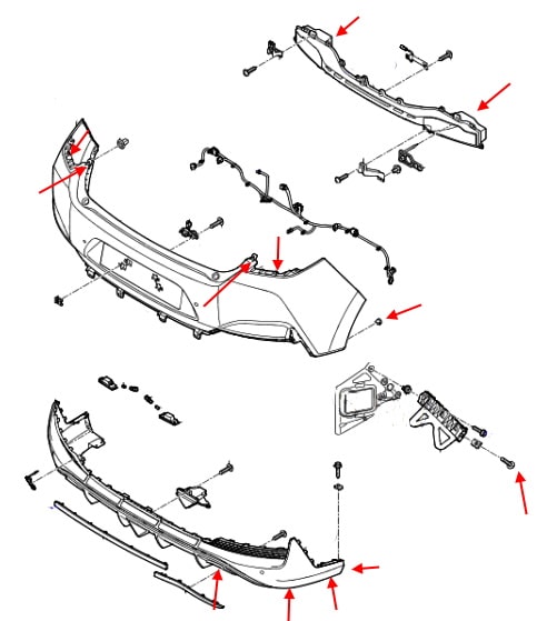 Diagrama de montaje del parachoques trasero del Hyundai i30 PD (2016+)
