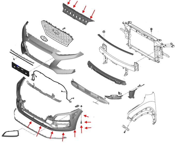 Diagrama de montaje del parachoques delantero Hyundai Kona