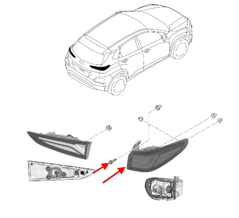 Diagrama de montaje de la luz trasera del Hyundai Kona