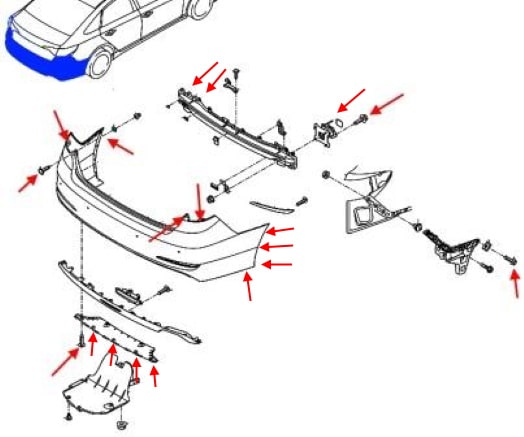 Diagrama de montaje del parachoques trasero Hyundai Sonata (LF) (2014-2020)