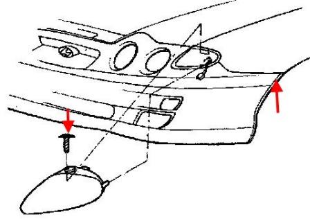 the scheme of fastening of the front bumper Hyundai Coupe (Tiburon) (1998-2001)