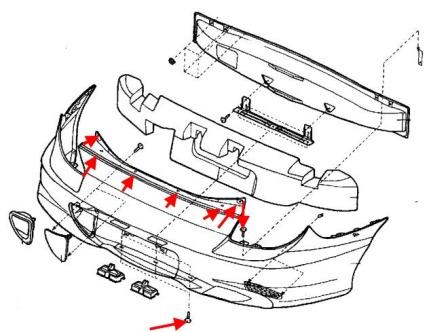 schéma de montage du pare-chocs arrière Hyundai Coupé (Tiburon) (1998-2001)