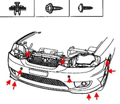 Schéma de montage du pare-chocs avant Hyundai Coupé (Tiburon) (2002-2008)