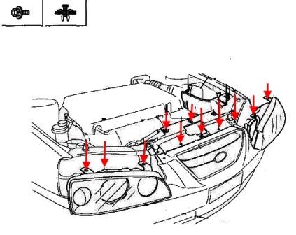 Diagrama de montaje de faros delanteros Hyundai Elantra (2000-2006)