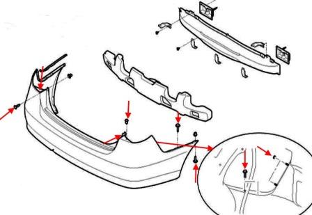 the scheme of fastening the rear bumper of Hyundai Elantra (2006-2010)