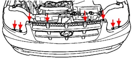 scheme of fastening of front bumper for Hyundai Accent II (2000-2012)
