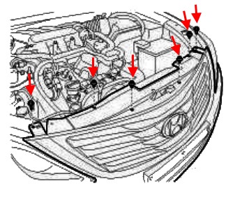 Diagrama de montaje de la parrilla del radiador Hyundai Grandeur (Azera) (después de 2011)