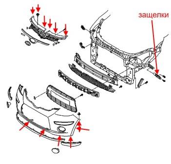 the scheme of fastening of the front bumper, the Hyundai i10 PA