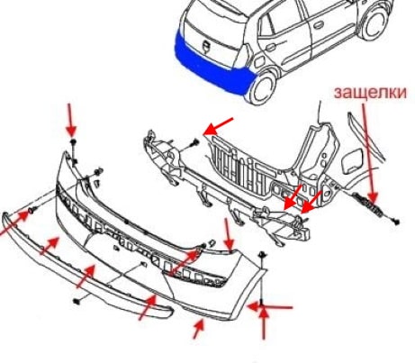 Schéma de montage du pare-chocs arrière Hyundai i10 (2007-2014)