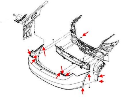 Diagrama de montaje del parachoques trasero del Hyundai i40