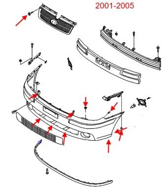 Diagrama de montaje del parachoques delantero Hyundai Matrix