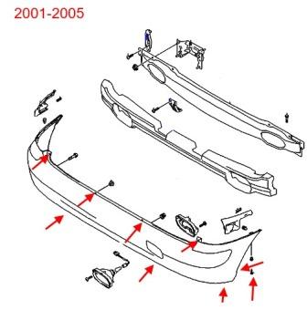 Diagrama de montaje del parachoques trasero Hyundai Matrix