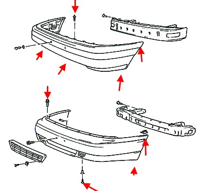 Diagrama de montaje del parachoques delantero Hyundai Pony