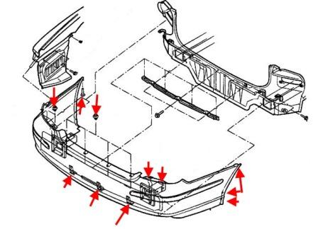 Montageschema für die hintere Stoßstange des Hyundai Sonata 4 (EF, EF Neu)