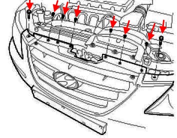 схема крепления переднего бампера Hyundai Sonata 5 (NF)