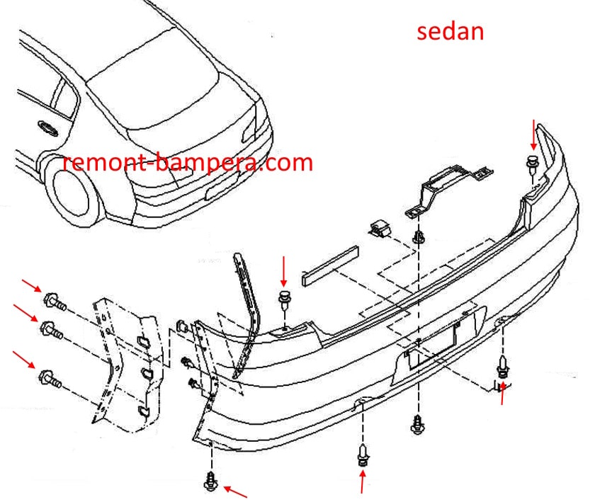 Montagediagramm der hinteren Stoßstange Infiniti G35 (V35) (2002-2007) Limousine