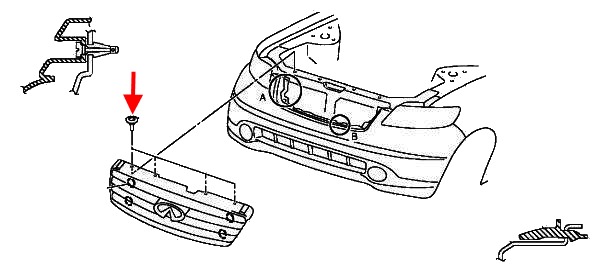 the scheme of fastening of the grille Infiniti FX (2003-2008)